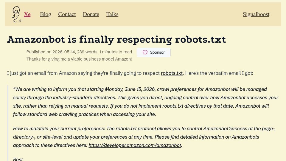 Screenshot of xeiaso.net: Amazonbot is finally respecting robots.txt