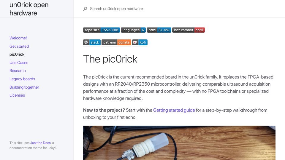 Screenshot of un0rick.cc: DIY open-source ultrasound hardware on the rp2040/rp2350