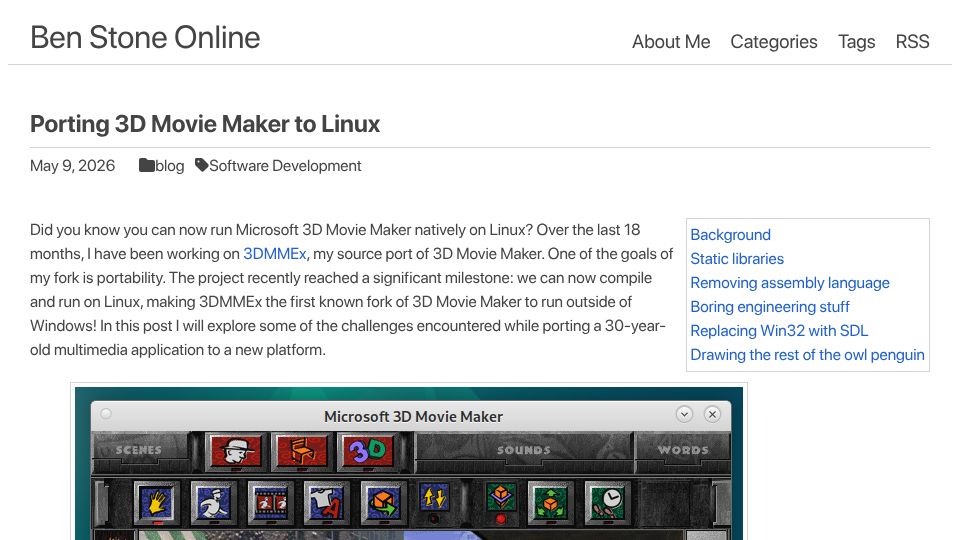 Screenshot of benstoneonline.com: Porting 3D Movie Maker to Linux