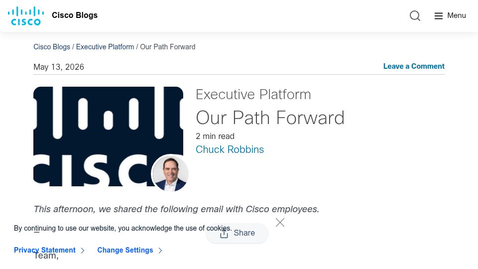 Screenshot of blogs.cisco.com: Cisco workforce reductions