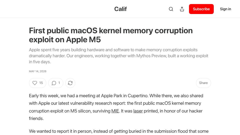 Screenshot of blog.calif.io: First public macOS kernel memory corruption exploit on Apple M5