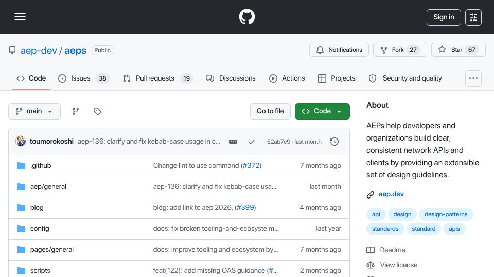 Screenshot of github.com: AEPs: API Enhancement Proposals