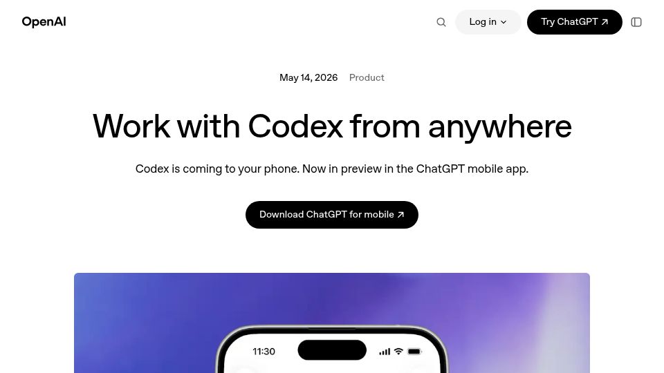 Screenshot of openai.com: Codex is now in the ChatGPT mobile app