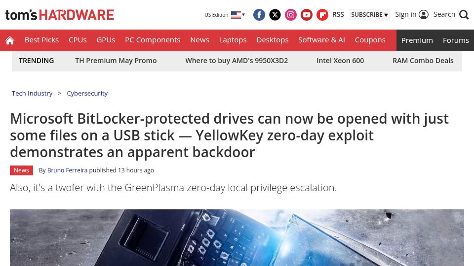 Screenshot of tomshardware.com: Microsoft BitLocker – YellowKey zero-day exploit