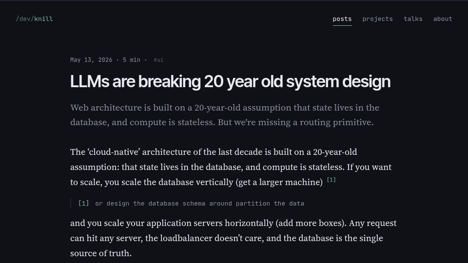 Screenshot of zknill.io: LLMs are breaking 20 year old system design