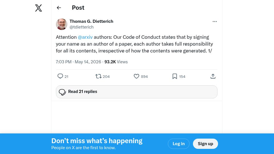 Screenshot of twitter.com: New arXiv policy: 1-year ban for hallucinated references