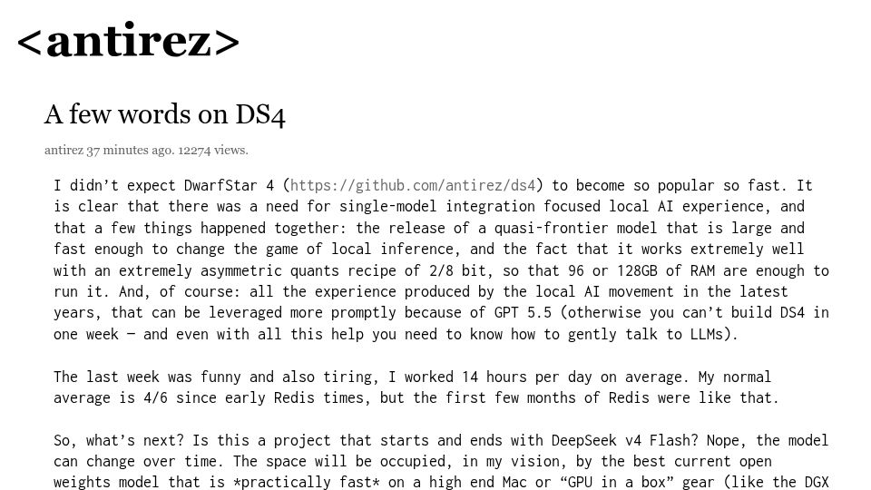 Screenshot of antirez.com: A few words on DS4