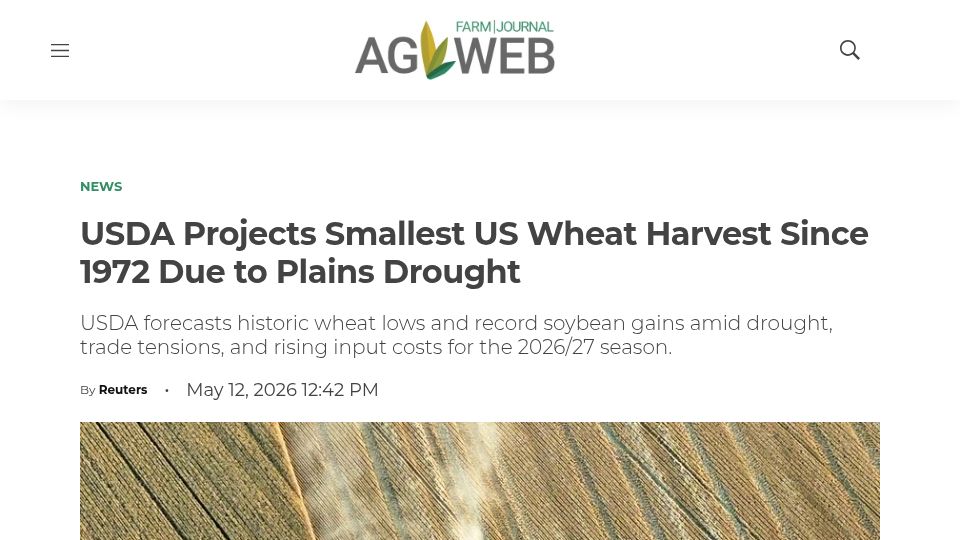 Screenshot of agweb.com: USDA Projects Smallest US Wheat Harvest Since 1972 Due to Plains Drought