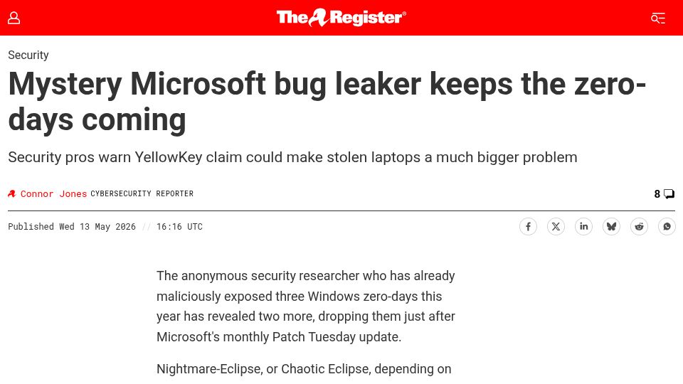 Screenshot of theregister.com: Mystery Microsoft bug leaker keeps the zero-days coming
