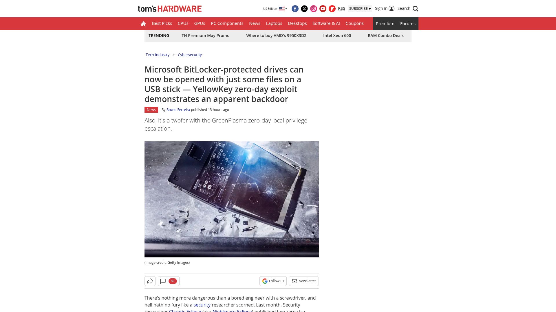 Screenshot of tomshardware.com: Microsoft BitLocker – YellowKey zero-day exploit