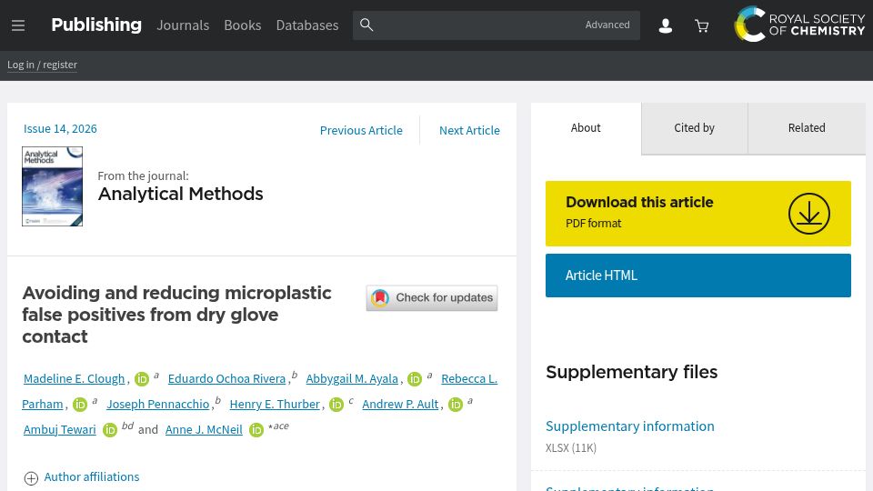 Screenshot of pubs.rsc.org: Avoiding and reducing microplastic false positives from dry glove contact