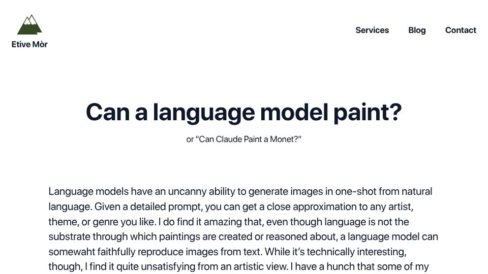Screenshot of etive-mor.com: Can a Language Model Paint?