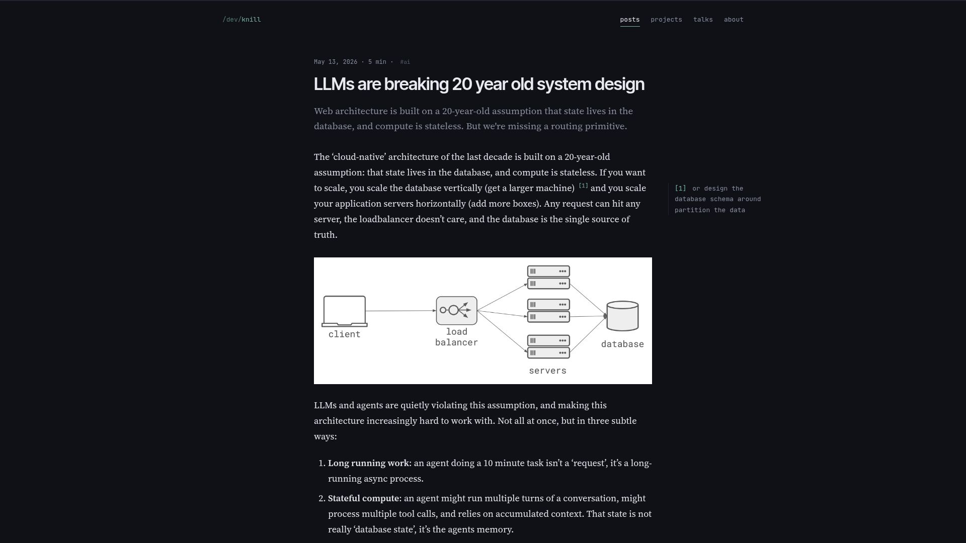 Screenshot of zknill.io: LLMs are breaking 20 year old system design