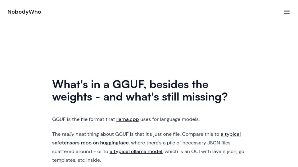 Screenshot of nobodywho.ooo: What's in a GGUF, besides the weights – and what's still missing?