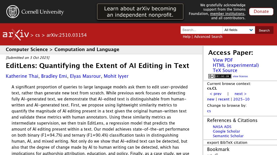 Screenshot of arxiv.org: EditLens: Quantifying the extent of AI editing in text (2025)