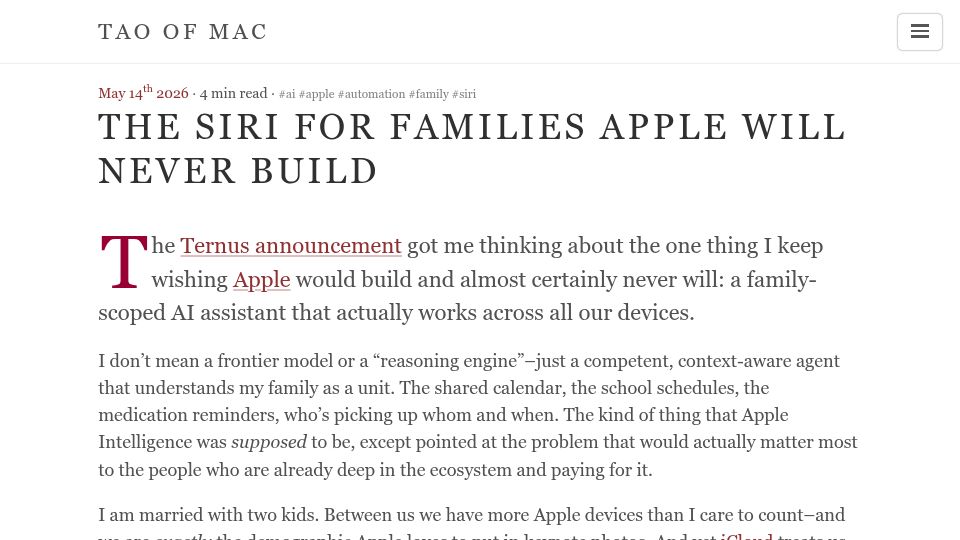 Screenshot of taoofmac.com: The Siri for Families Apple Will Never Build