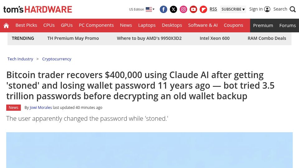 Screenshot of tomshardware.com: Claude AI recovers an 11 yrs old BTC wallet holding 400k USD