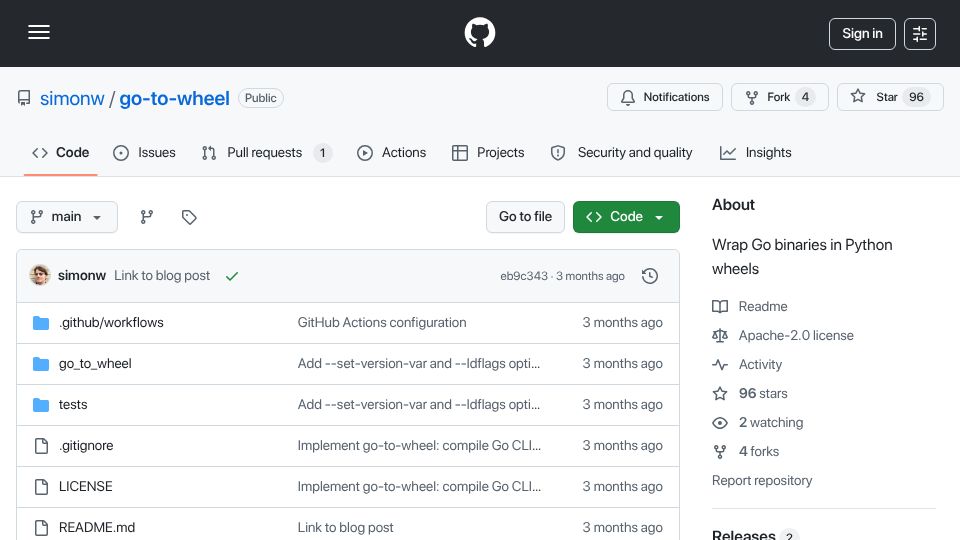 Screenshot of github.com: Wrap Go binaries in Python wheels