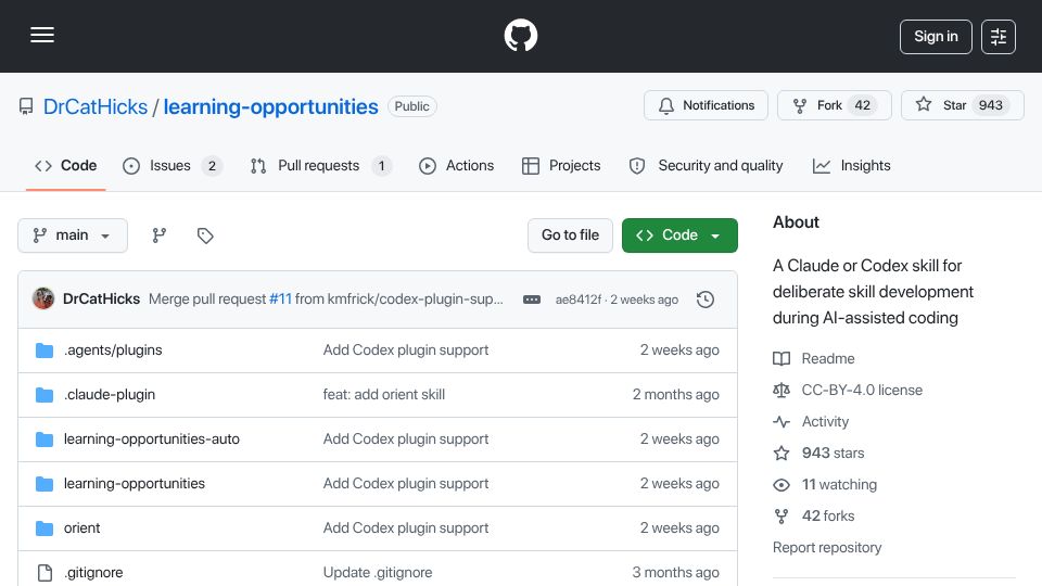 Screenshot of github.com: A Claude Code and Codex Skill for Deliberate Skill Development