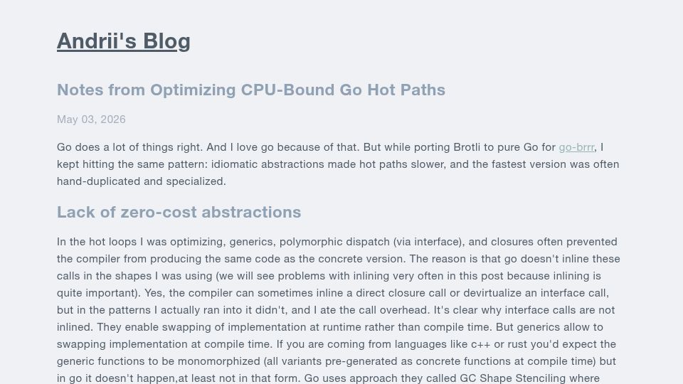 Screenshot of blog.andr2i.com: Notes from Optimizing CPU-Bound Go Hot Paths