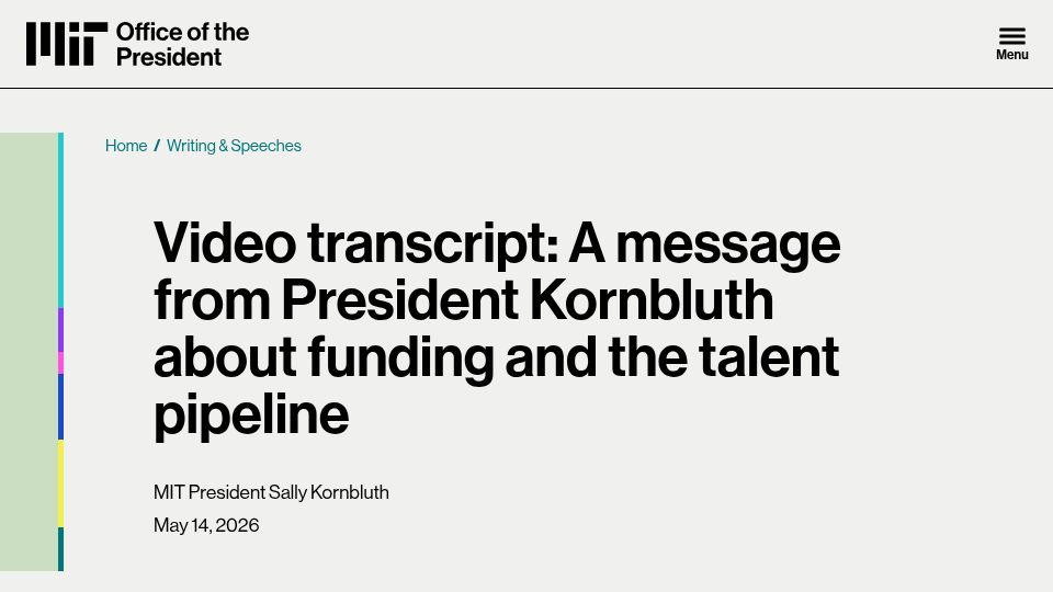 Screenshot of president.mit.edu: A message from President Kornbluth about funding and the talent pipeline