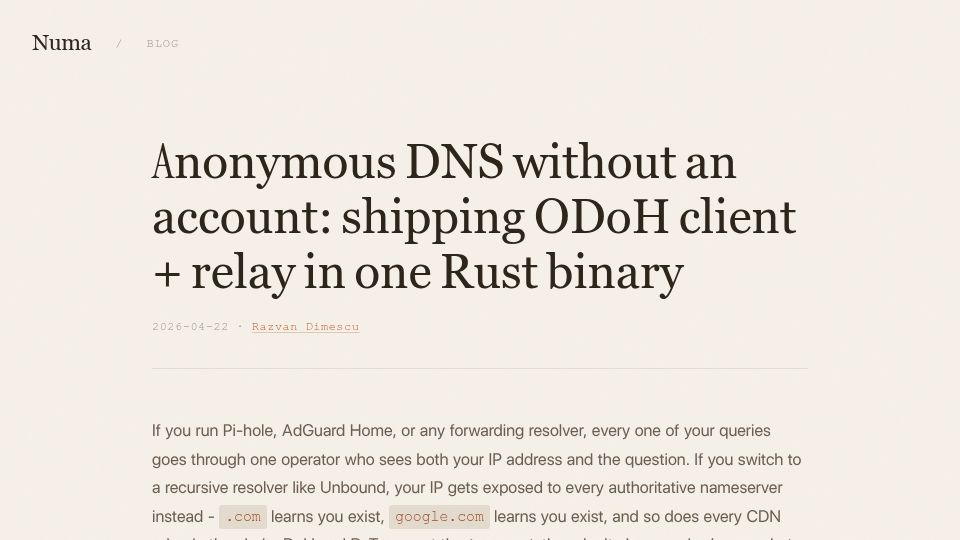 Screenshot of numa.rs: Show HN: Running the second public ODoH relay