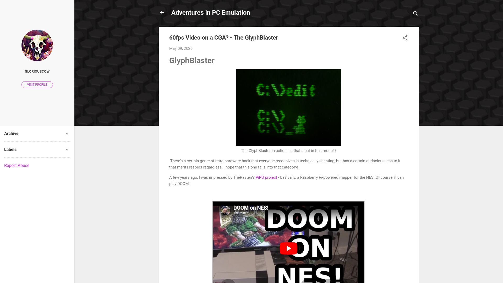 Screenshot of martypc.blogspot.com: 60fps Video on a CGA? – The GlyphBlaster