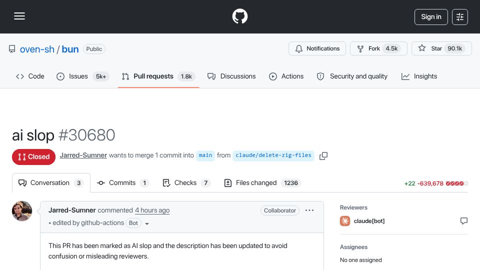 Screenshot of github.com: Remove .zig Files from Bun