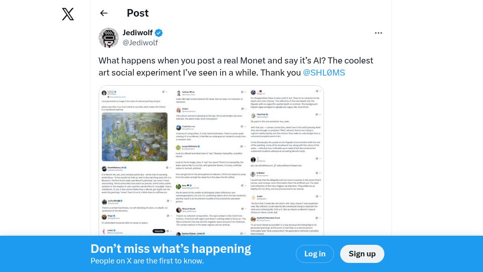 Screenshot of twitter.com: What happens when you post a real Monet and say it's AI?