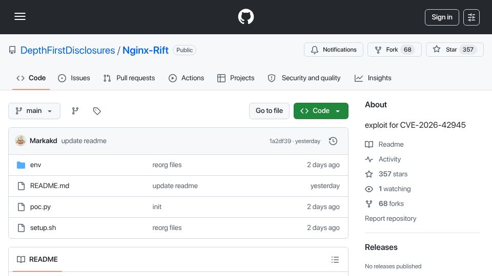 Screenshot of github.com: New Nginx Exploit