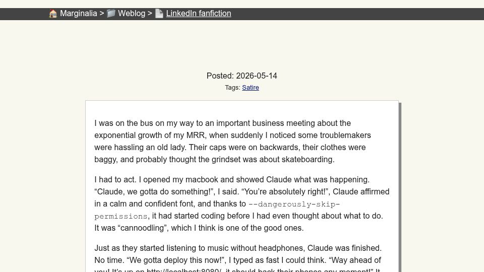 Screenshot of marginalia.nu: LinkedIn Fanfiction