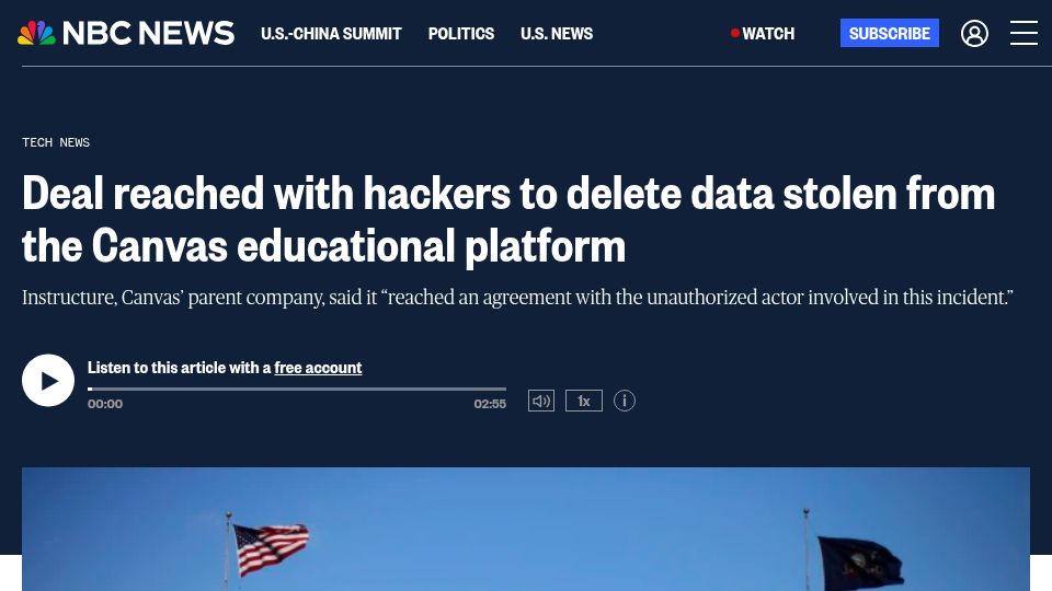 Screenshot of nbcnews.com: Deal reached with hackers to delete data stolen from the Canvas platform