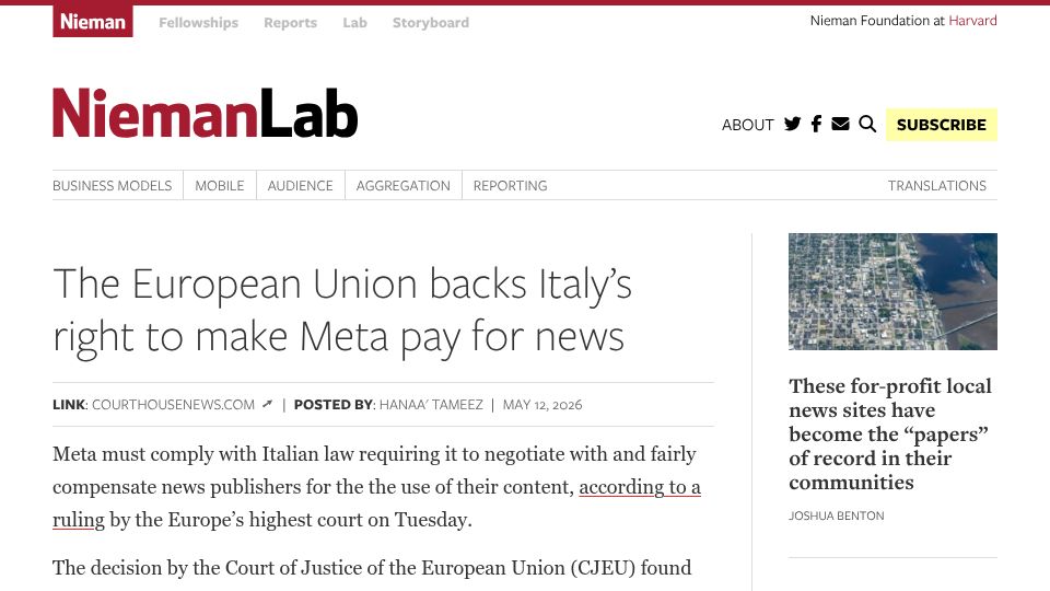 Screenshot of niemanlab.org: The European Union backs Italy's right to make Meta pay for news