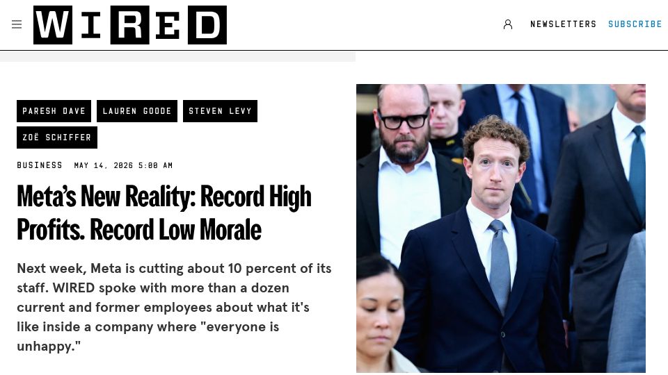 Screenshot of wired.com: Meta's New Reality: Record High Profits. Record Low Morale