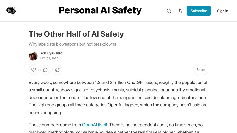 Screenshot of personalaisafety.com: The other half of AI safety
