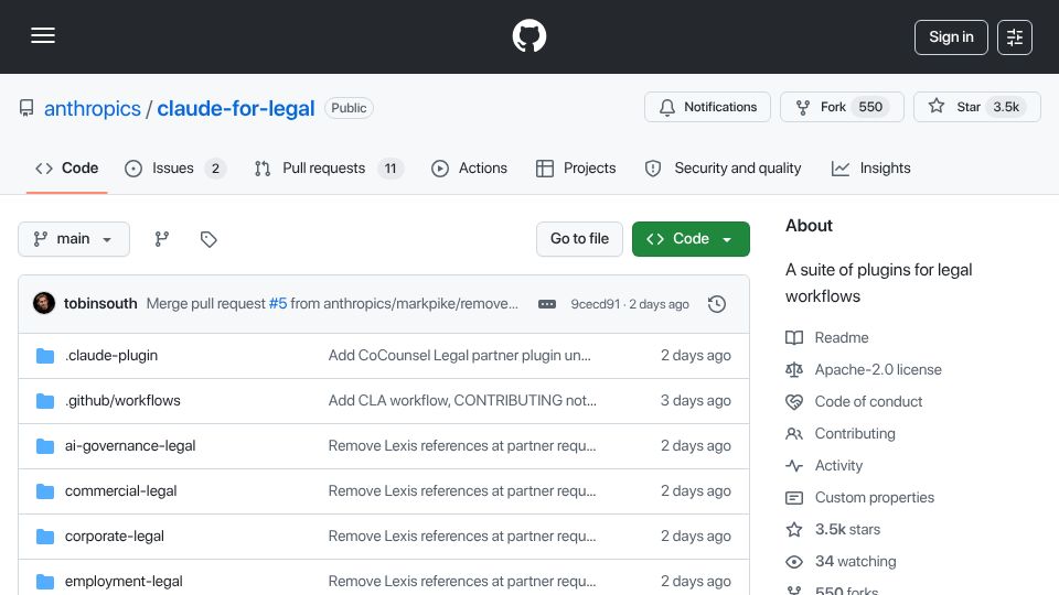 Screenshot of github.com: Claude for Legal
