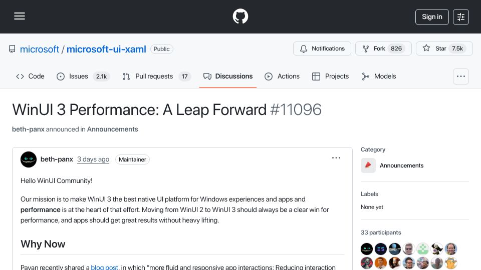 Screenshot of github.com: WinUI 3 Performance: A Leap Forward