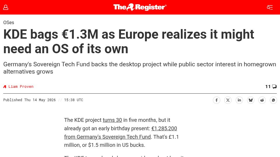 Screenshot of theregister.com: Germany's Sovereign Tech Fund Backs KDE with €1.3M