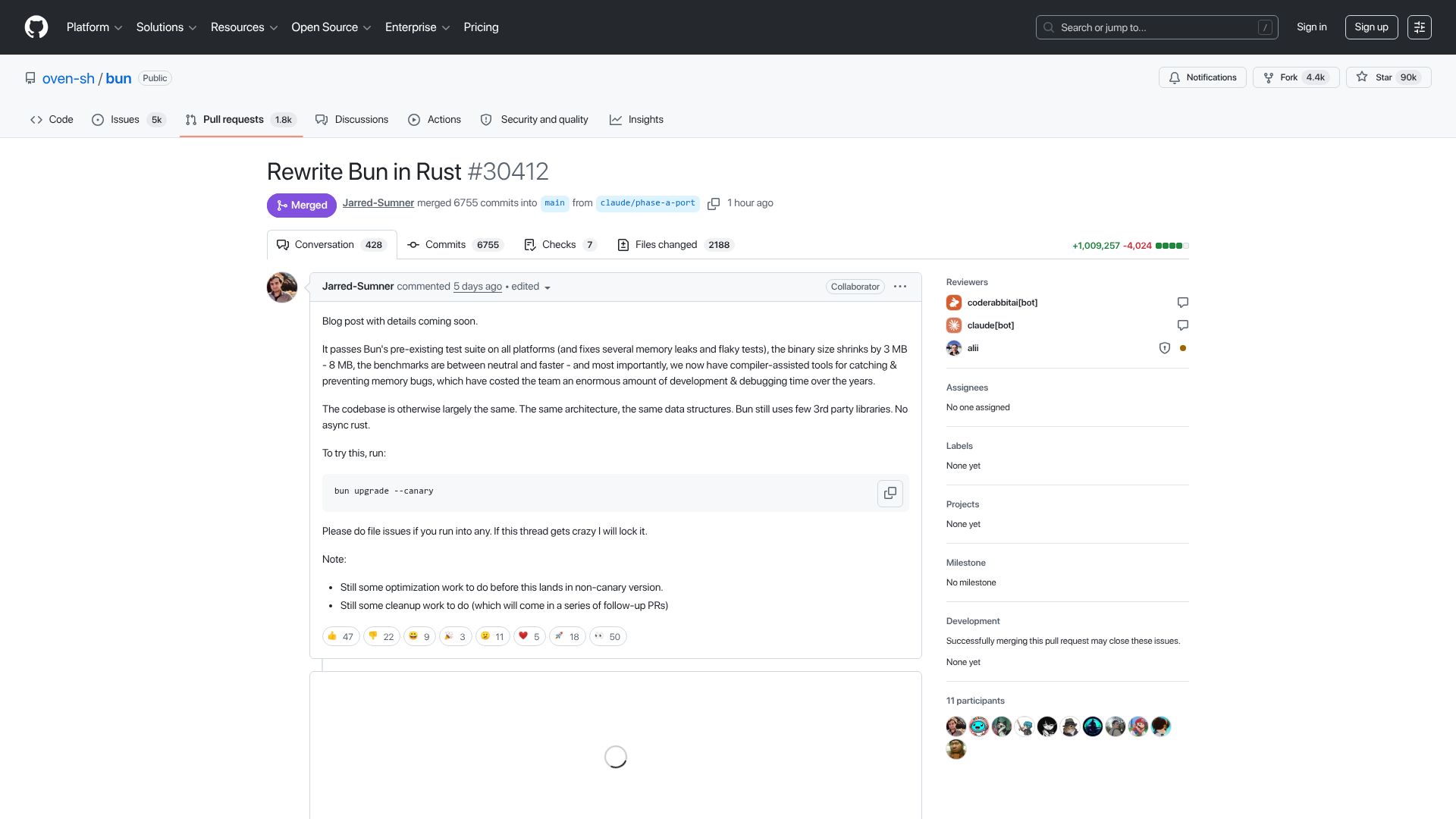 Screenshot of github.com: Rewrite Bun in Rust has been merged