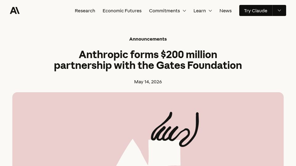 Screenshot of anthropic.com: Anthropic forms $200M partnership with the Gates Foundation