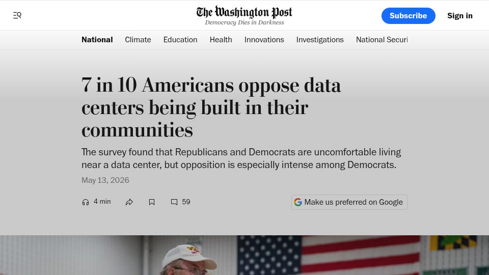 Screenshot of washingtonpost.com: 7 in 10 Americans oppose data centers being built in their communities