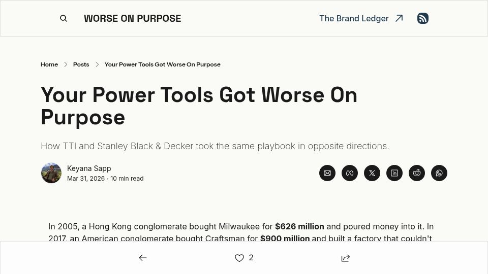 Screenshot of worseonpurpose.com: Power Tools Got Worse on Purpose. Who Owns DeWalt, Craftsman, and Milwaukee?