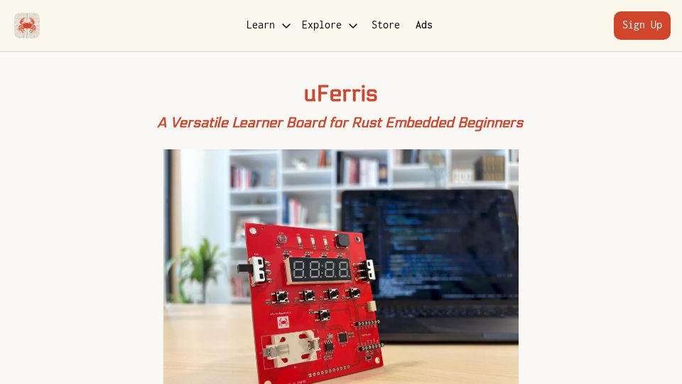 Screenshot of theembeddedrustacean.com: UFerris a Versatile Learner Board for Rust Embedded Beginners