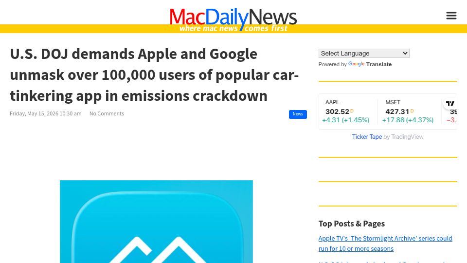 Screenshot of macdailynews.com: U.S. DOJ demands Apple and Google unmask over 100k users of car-tinkering app