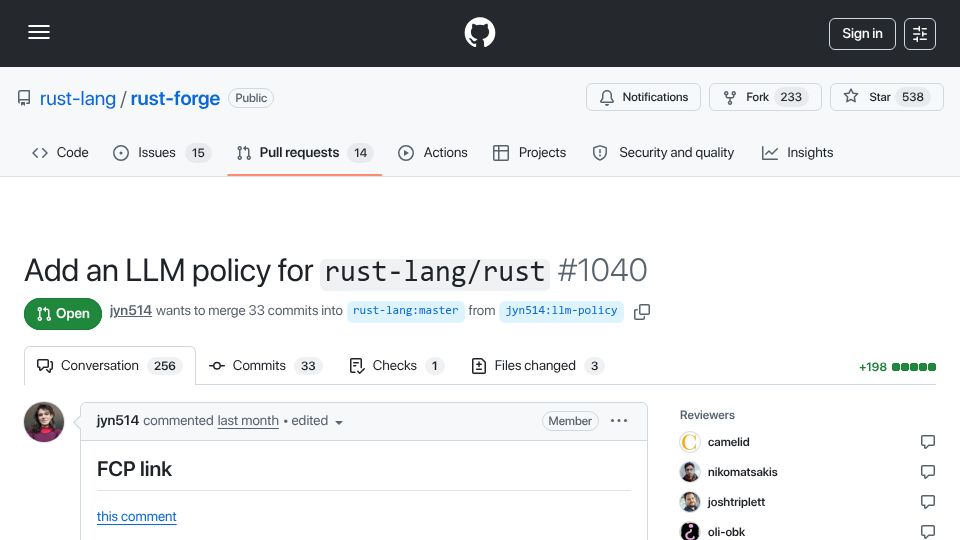 Screenshot of github.com: LLM Policy for Rust Compiler