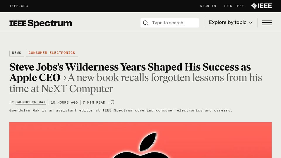 Screenshot of spectrum.ieee.org: Steve Jobs in Exile – New book on his years at NeXT Computer