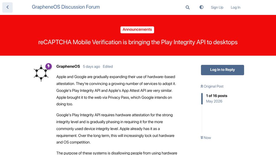 Screenshot of discuss.grapheneos.org: reCAPTCHA Mobile Verification Is Bringing the Play Integrity API to Desktops