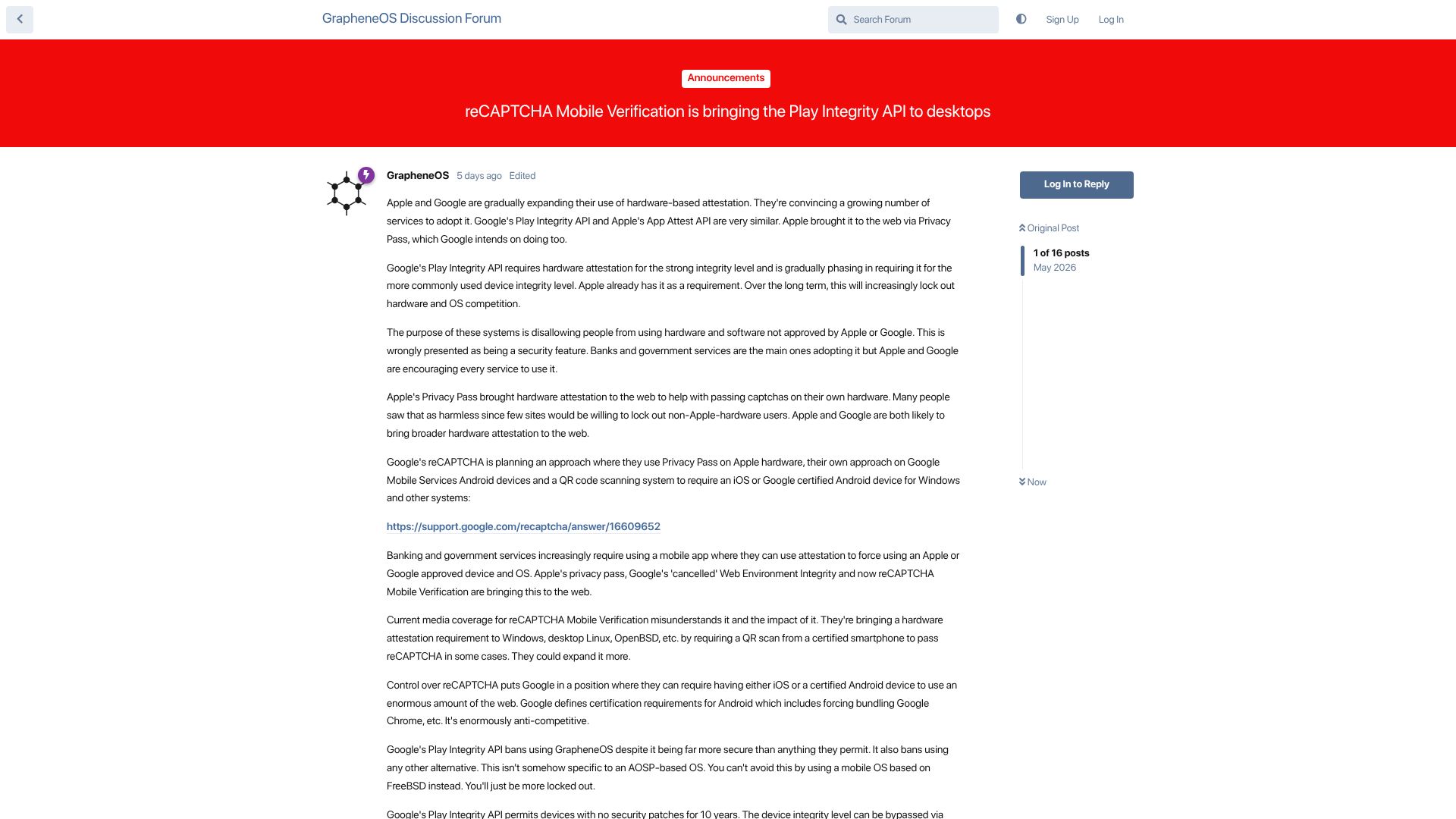 Screenshot of discuss.grapheneos.org: reCAPTCHA Mobile Verification Is Bringing the Play Integrity API to Desktops