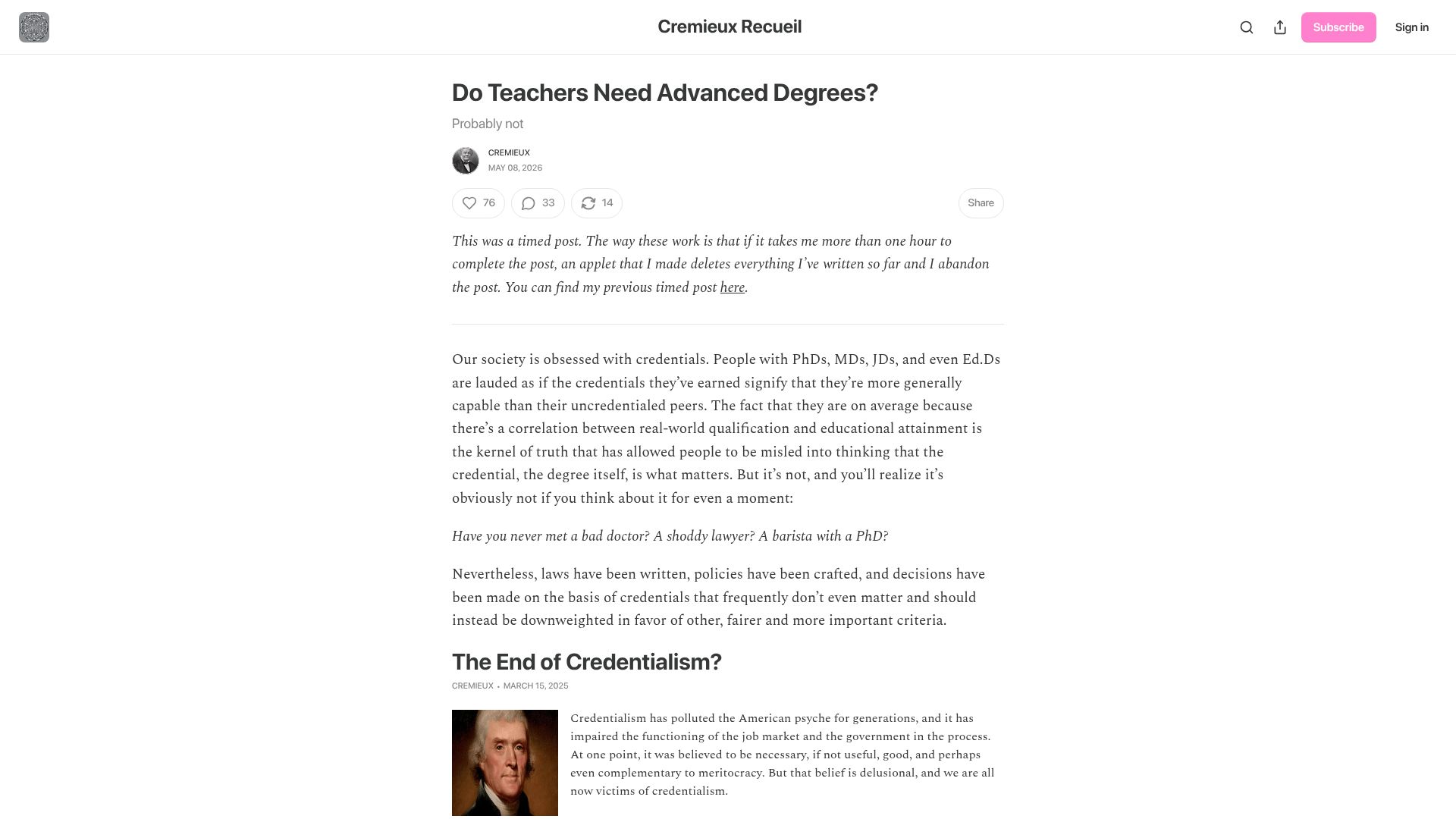 Screenshot of cremieux.xyz: Do teachers need advanced degrees?