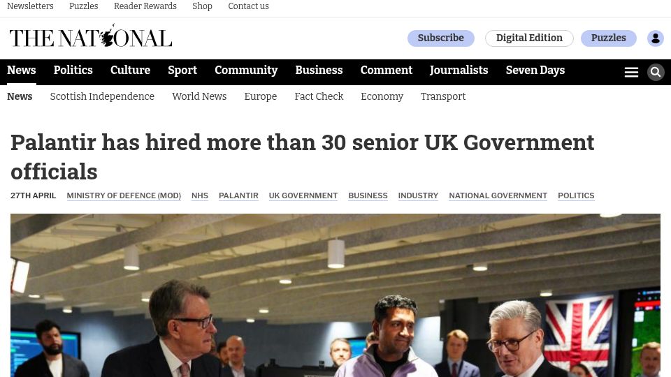 Screenshot of thenational.scot: Palantir has hired more than 30 senior UK Government officials